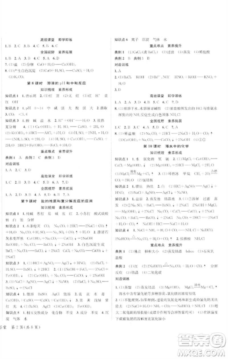 長江出版社2023中考復(fù)習(xí)總動員九年級化學(xué)通用版瀘州專版參考答案