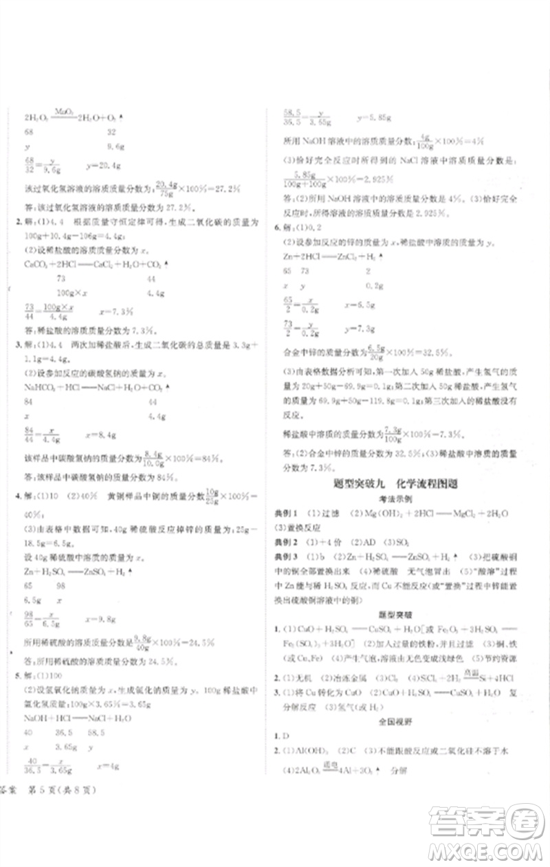 長江出版社2023中考復(fù)習(xí)總動員九年級化學(xué)通用版瀘州專版參考答案