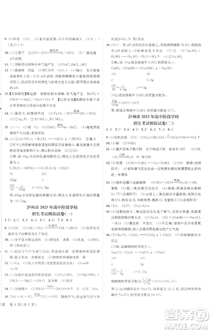 長江出版社2023中考復(fù)習(xí)總動員九年級化學(xué)通用版瀘州專版參考答案