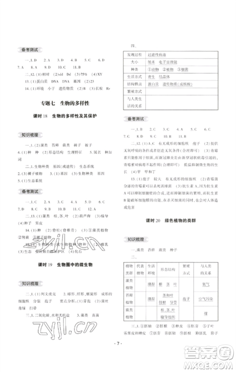 大象出版社2023中考復(fù)習(xí)精講與測試九年級生物通用版參考答案
