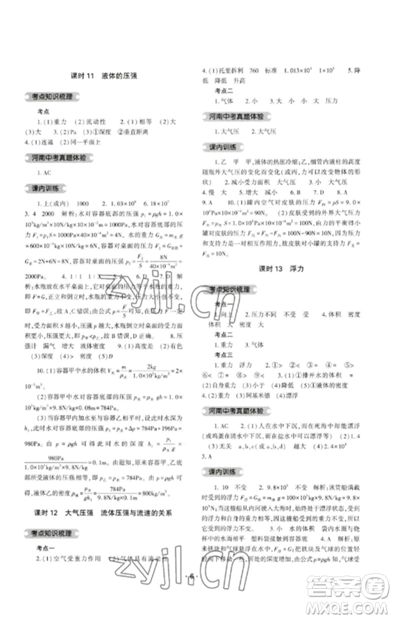 大象出版社2023中考復(fù)習(xí)精講與測(cè)試九年級(jí)物理通用版參考答案