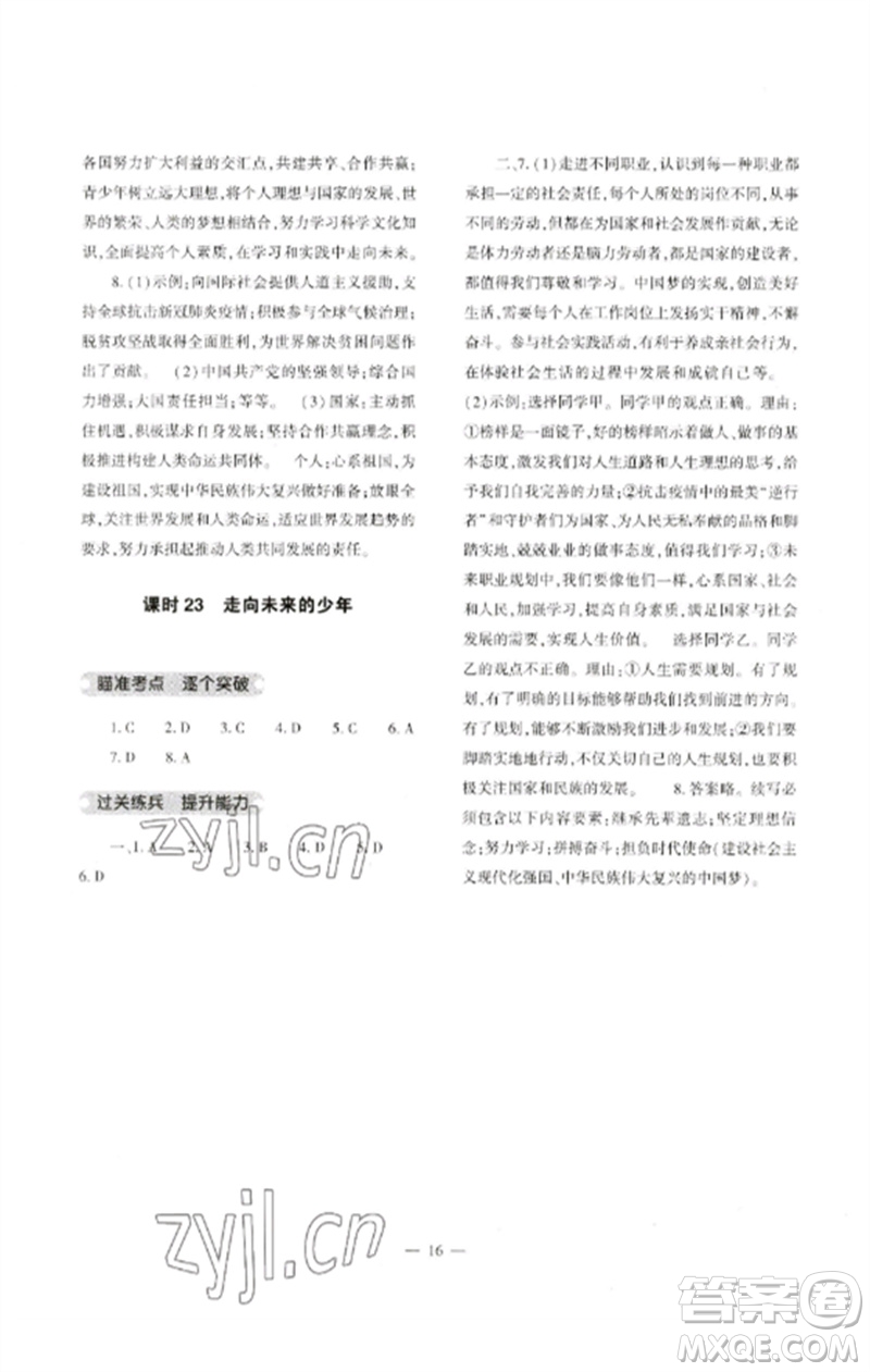 大象出版社2023中考復(fù)習(xí)精講與測(cè)試九年級(jí)道德與法治通用版參考答案