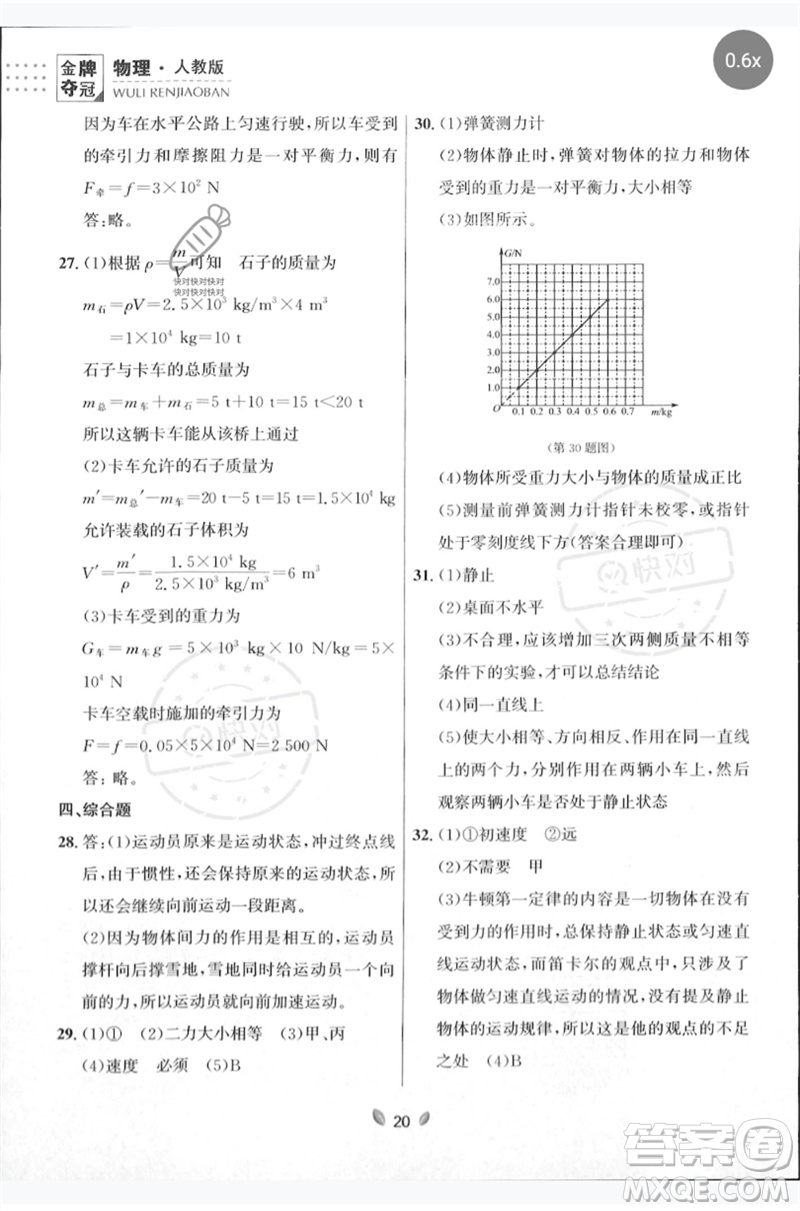 延邊大學(xué)出版社2023點(diǎn)石成金金牌奪冠八年級(jí)物理下冊(cè)人教版大連專版參考答案