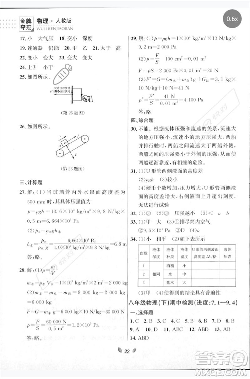 延邊大學(xué)出版社2023點(diǎn)石成金金牌奪冠八年級(jí)物理下冊(cè)人教版大連專版參考答案