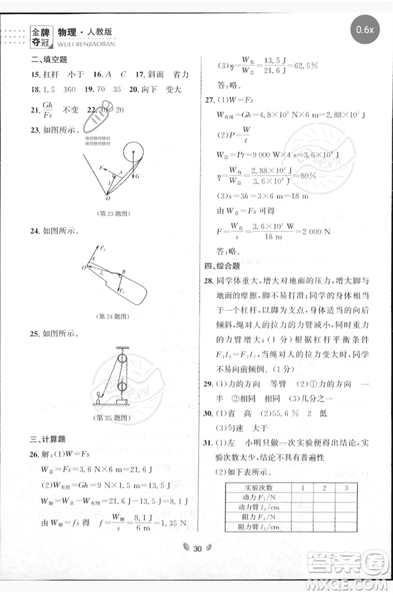 延邊大學(xué)出版社2023點(diǎn)石成金金牌奪冠八年級(jí)物理下冊(cè)人教版大連專版參考答案