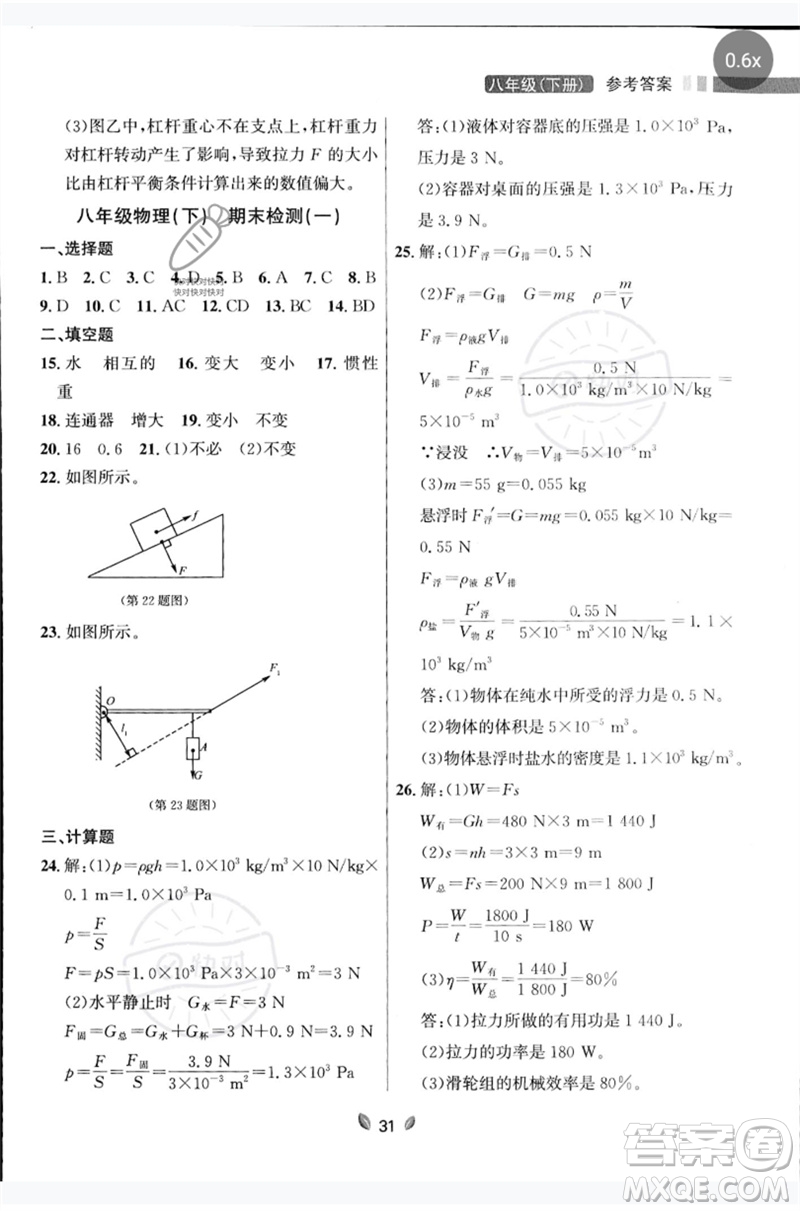 延邊大學(xué)出版社2023點(diǎn)石成金金牌奪冠八年級(jí)物理下冊(cè)人教版大連專版參考答案