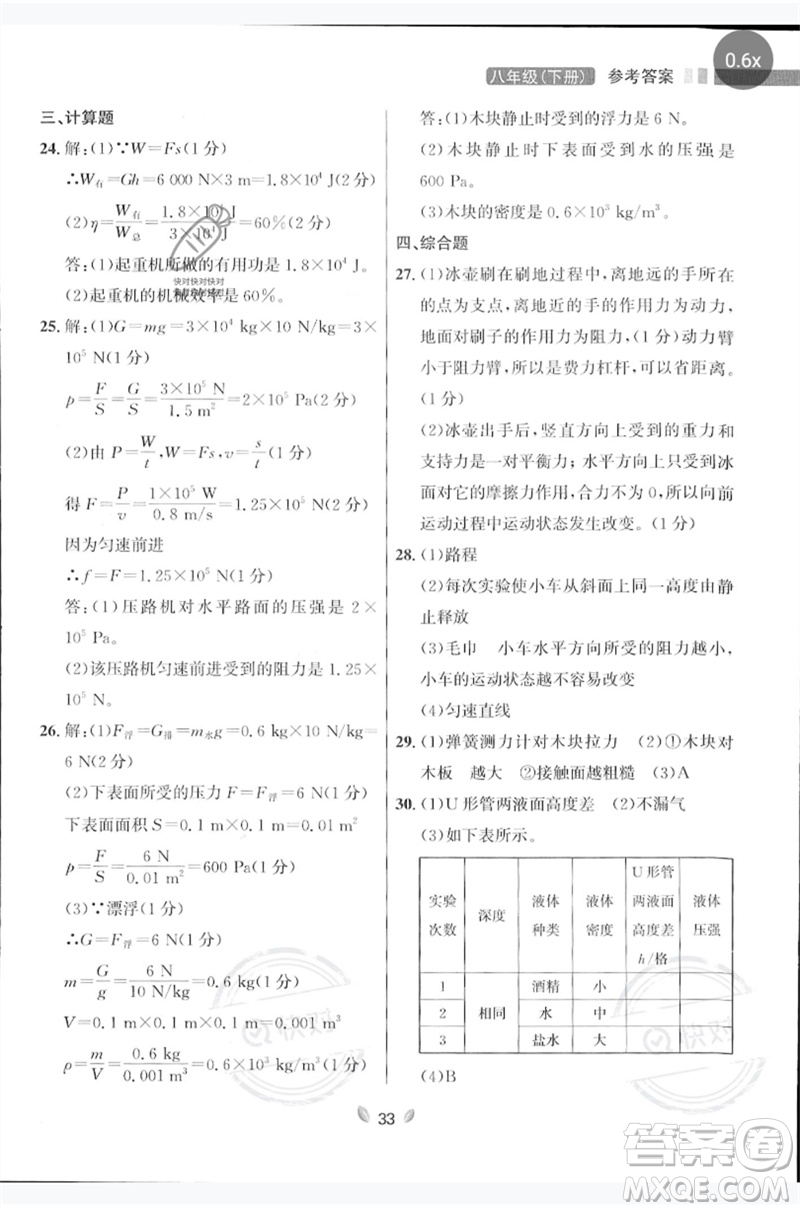 延邊大學(xué)出版社2023點(diǎn)石成金金牌奪冠八年級(jí)物理下冊(cè)人教版大連專版參考答案