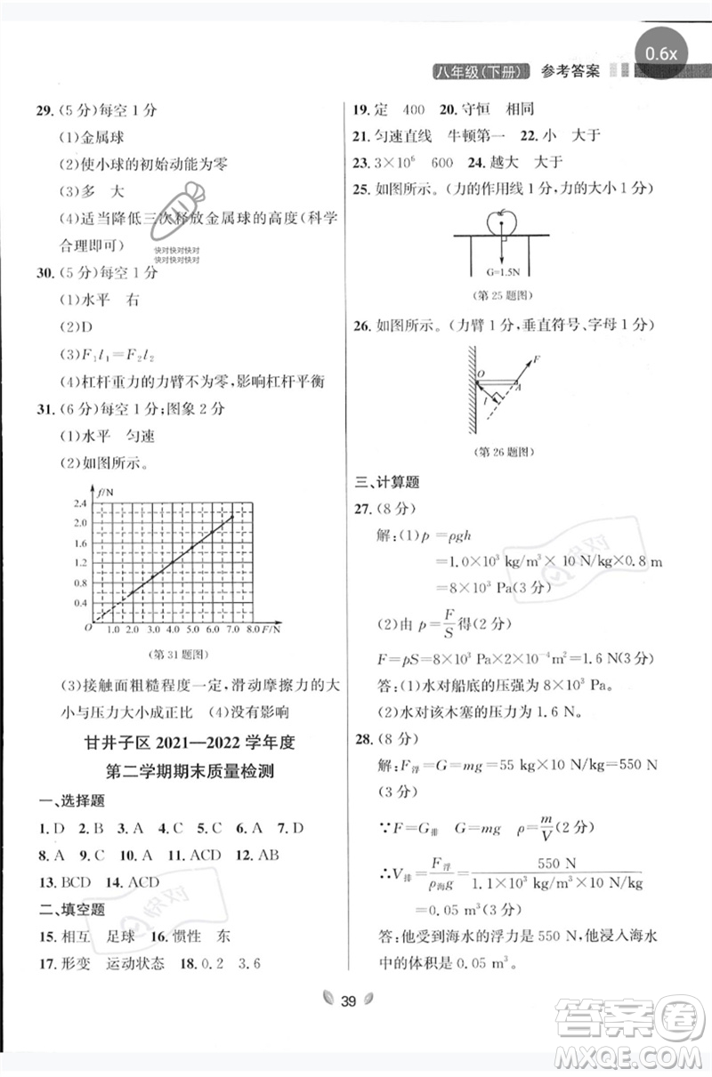 延邊大學(xué)出版社2023點(diǎn)石成金金牌奪冠八年級(jí)物理下冊(cè)人教版大連專版參考答案
