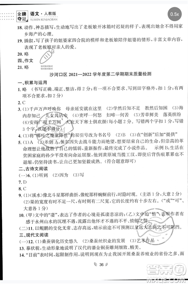 延邊大學(xué)出版社2023點石成金金牌奪冠八年級語文下冊人教版大連專版參考答案
