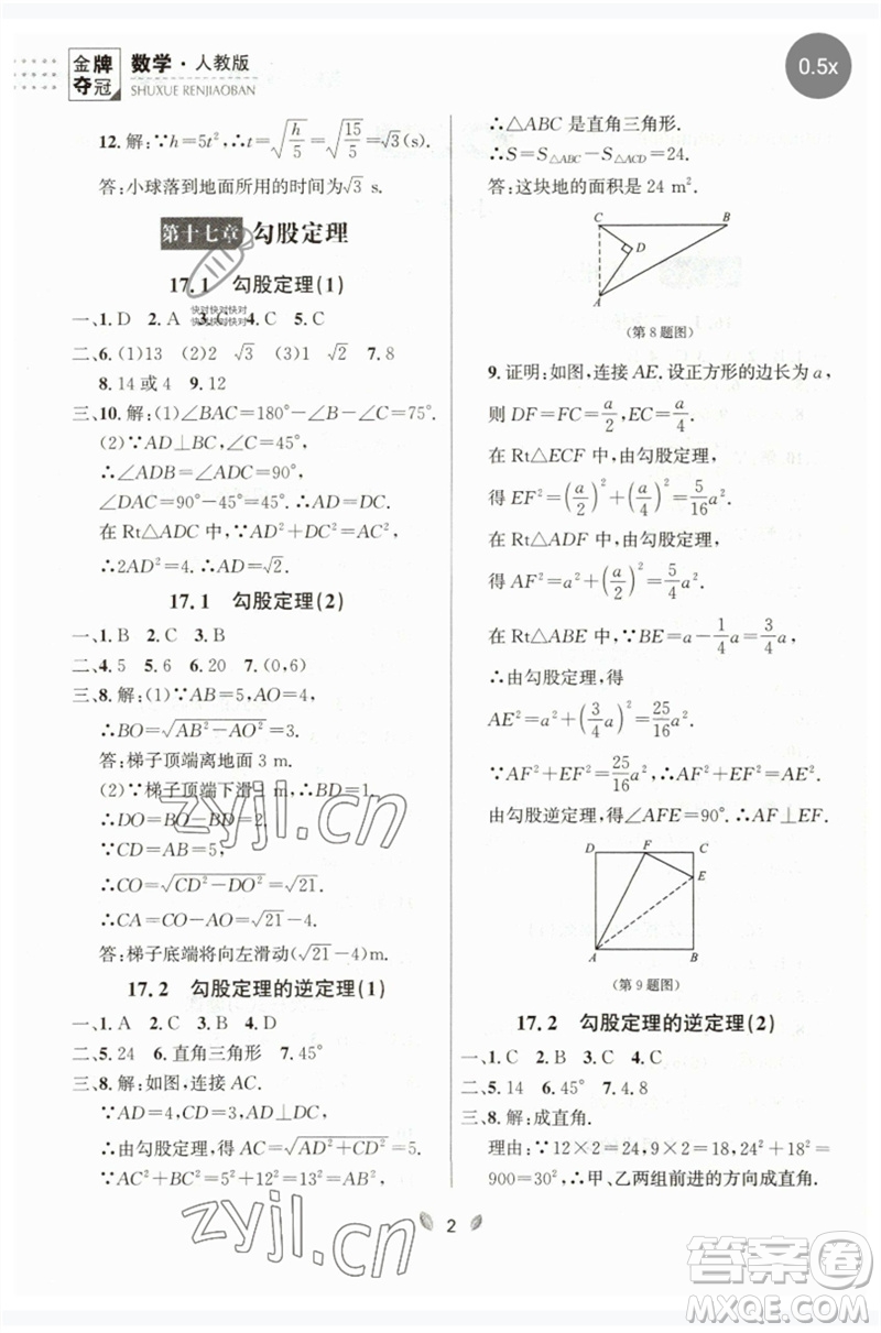 延邊大學出版社2023點石成金金牌奪冠八年級數(shù)學下冊人教版大連專版參考答案
