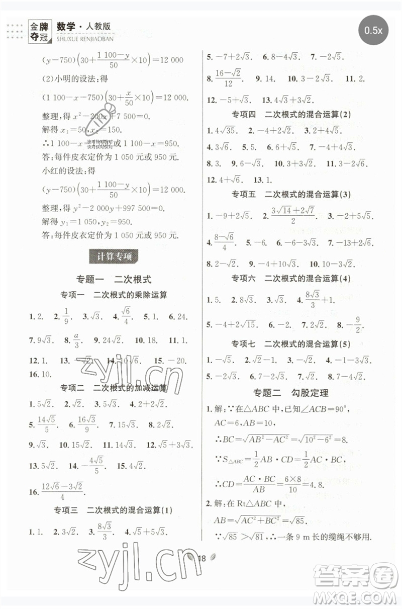延邊大學出版社2023點石成金金牌奪冠八年級數(shù)學下冊人教版大連專版參考答案