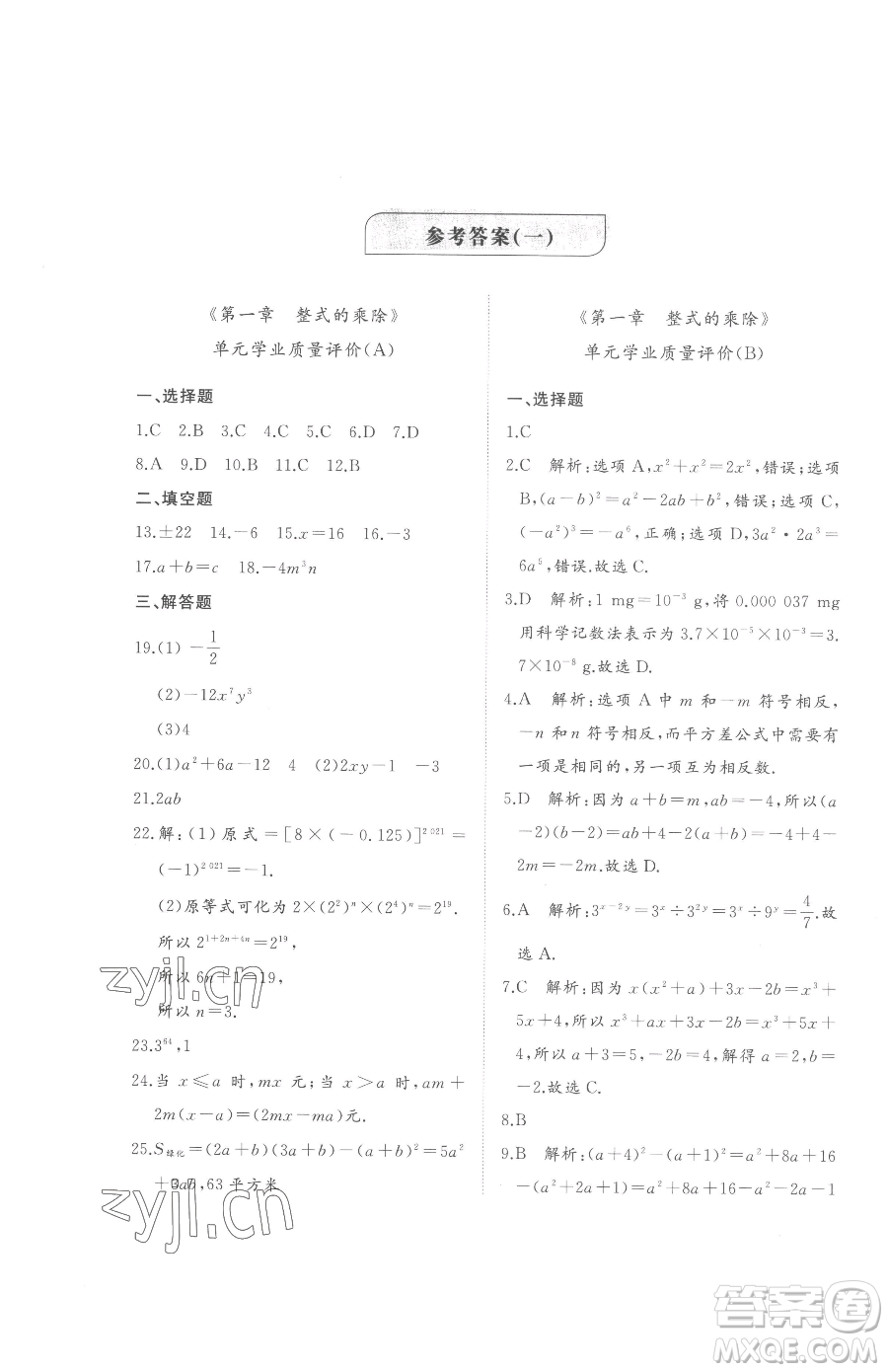 山東友誼出版社2023精練課堂分層作業(yè)七年級下冊數(shù)學北師大版參考答案