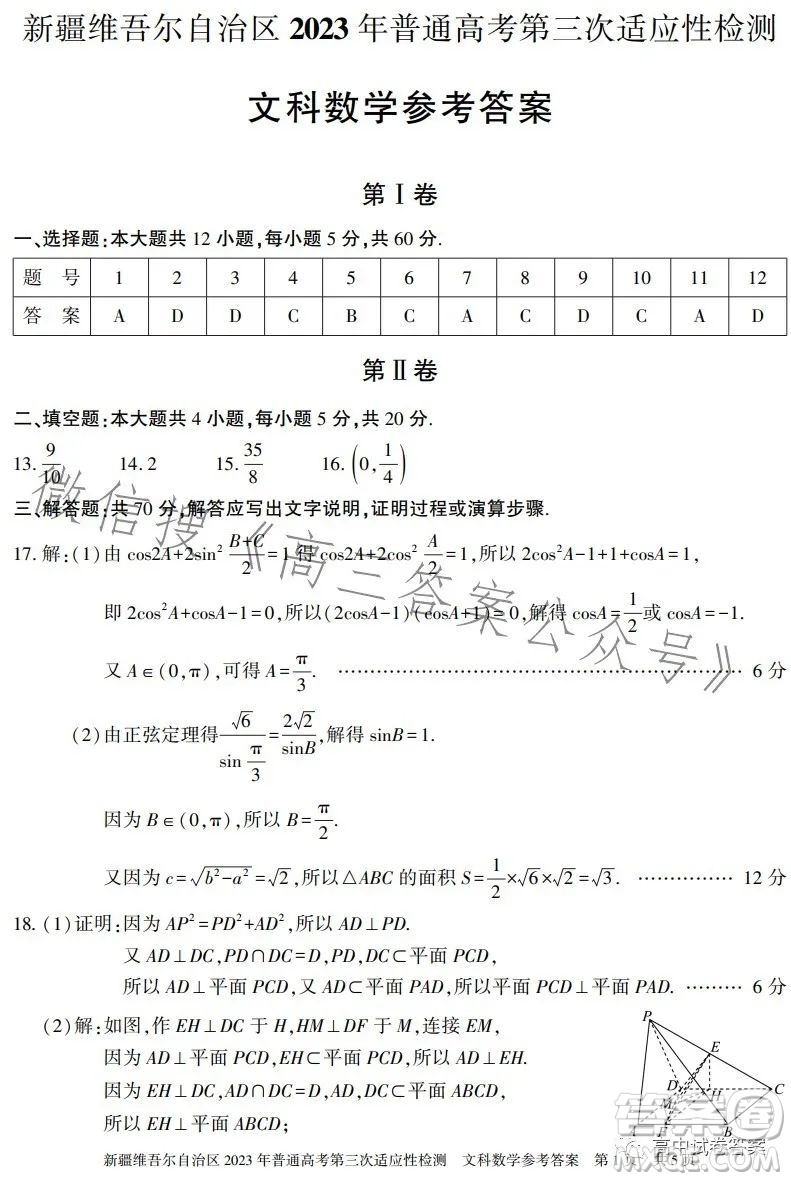 新疆維吾爾自治區(qū)2023年普通高考第三次適應(yīng)性檢測文科數(shù)學(xué)試卷答案