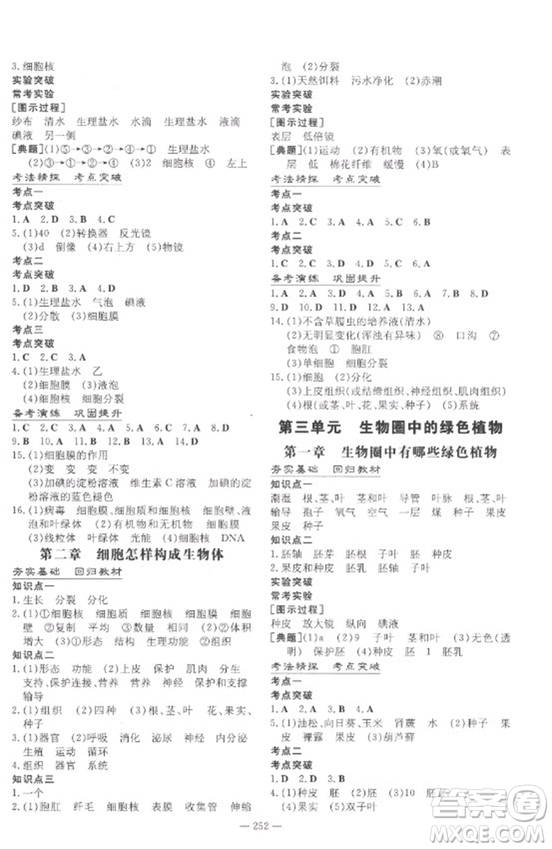 陜西人民教育出版社2023中考總復(fù)習(xí)導(dǎo)與練九年級(jí)生物學(xué)人教版參考答案