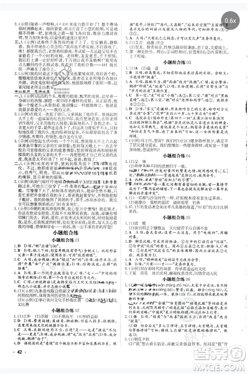 陜西人民教育出版社2023中考總復(fù)習(xí)導(dǎo)與練九年級(jí)語文人教版參考答案