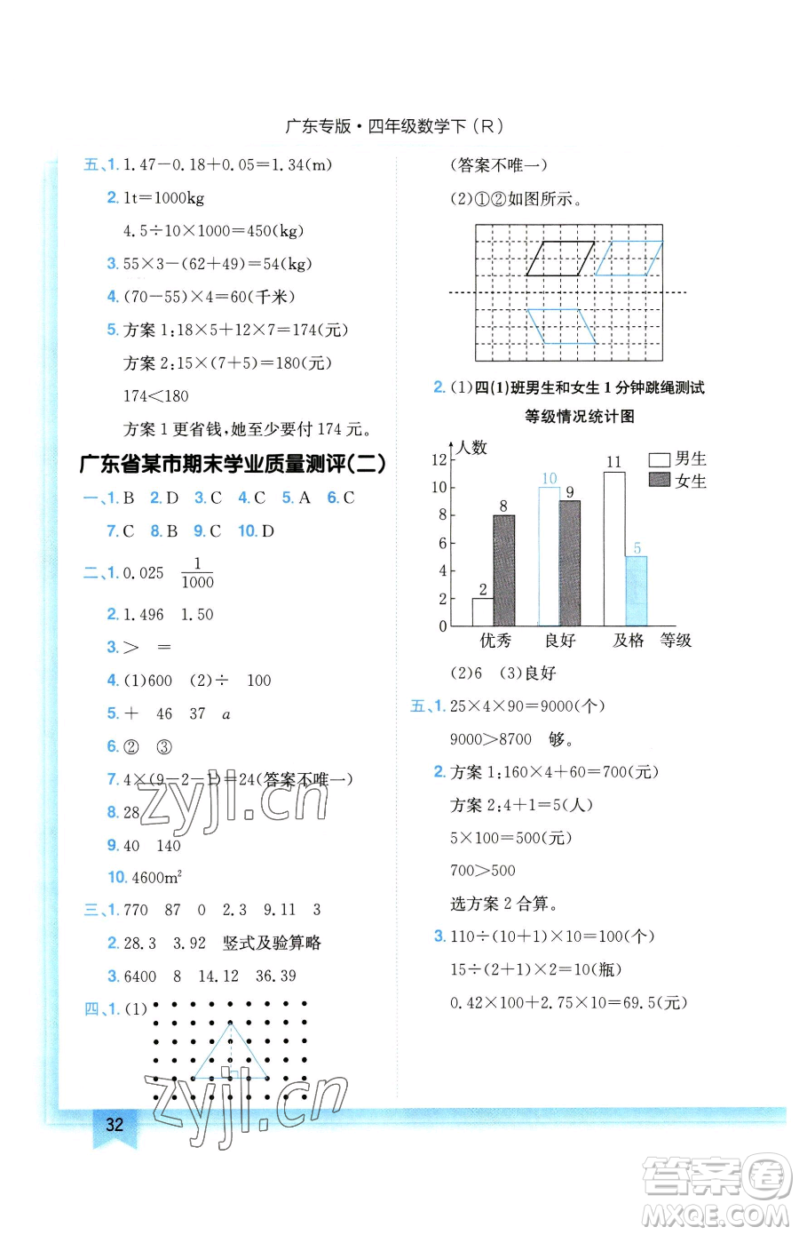 龍門書局2023黃岡小狀元作業(yè)本四年級(jí)下冊(cè)數(shù)學(xué)人教版廣東專版參考答案