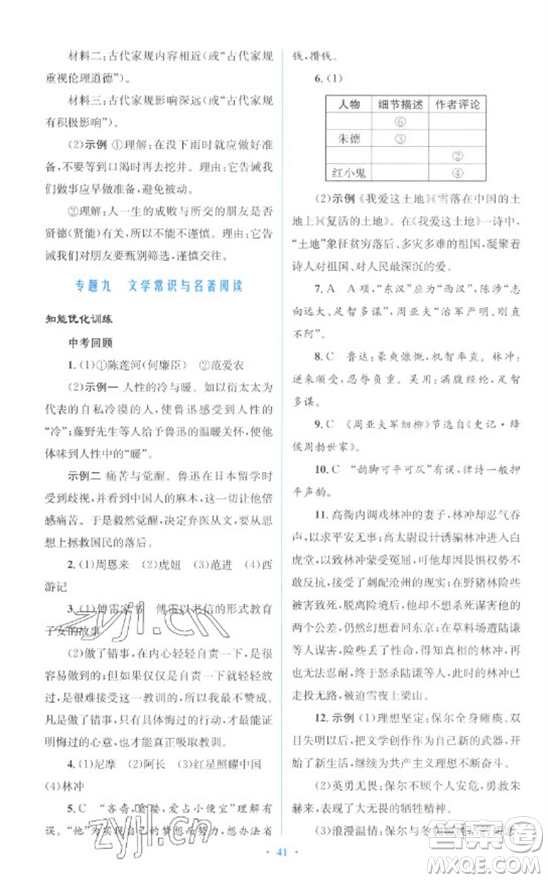 人民教育出版社2023初中總復(fù)習(xí)優(yōu)化設(shè)計(jì)九年級(jí)語文人教版參考答案