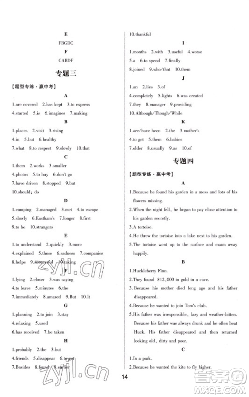 山東科學技術(shù)出版社2023初中總復習手冊九年級英語通用版參考答案