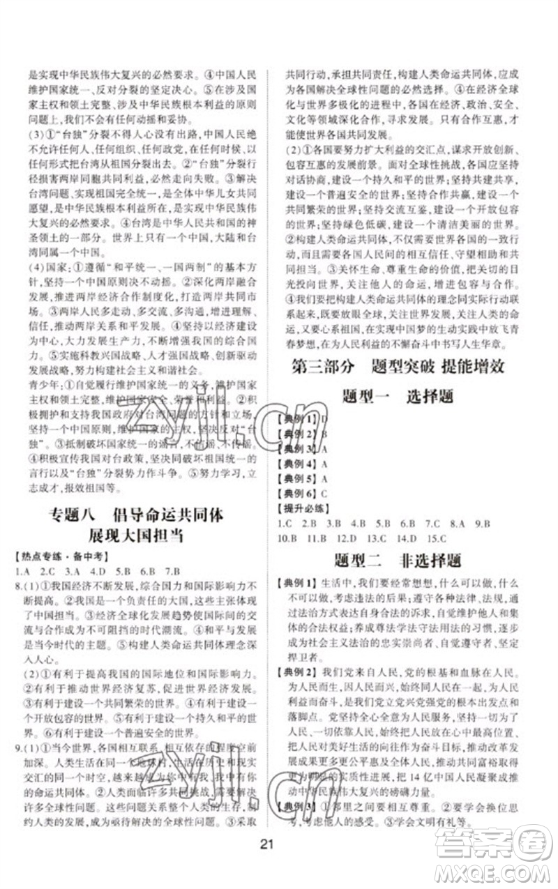 山東科學(xué)技術(shù)出版社2023初中總復(fù)習(xí)手冊九年級道德與法治通用版參考答案