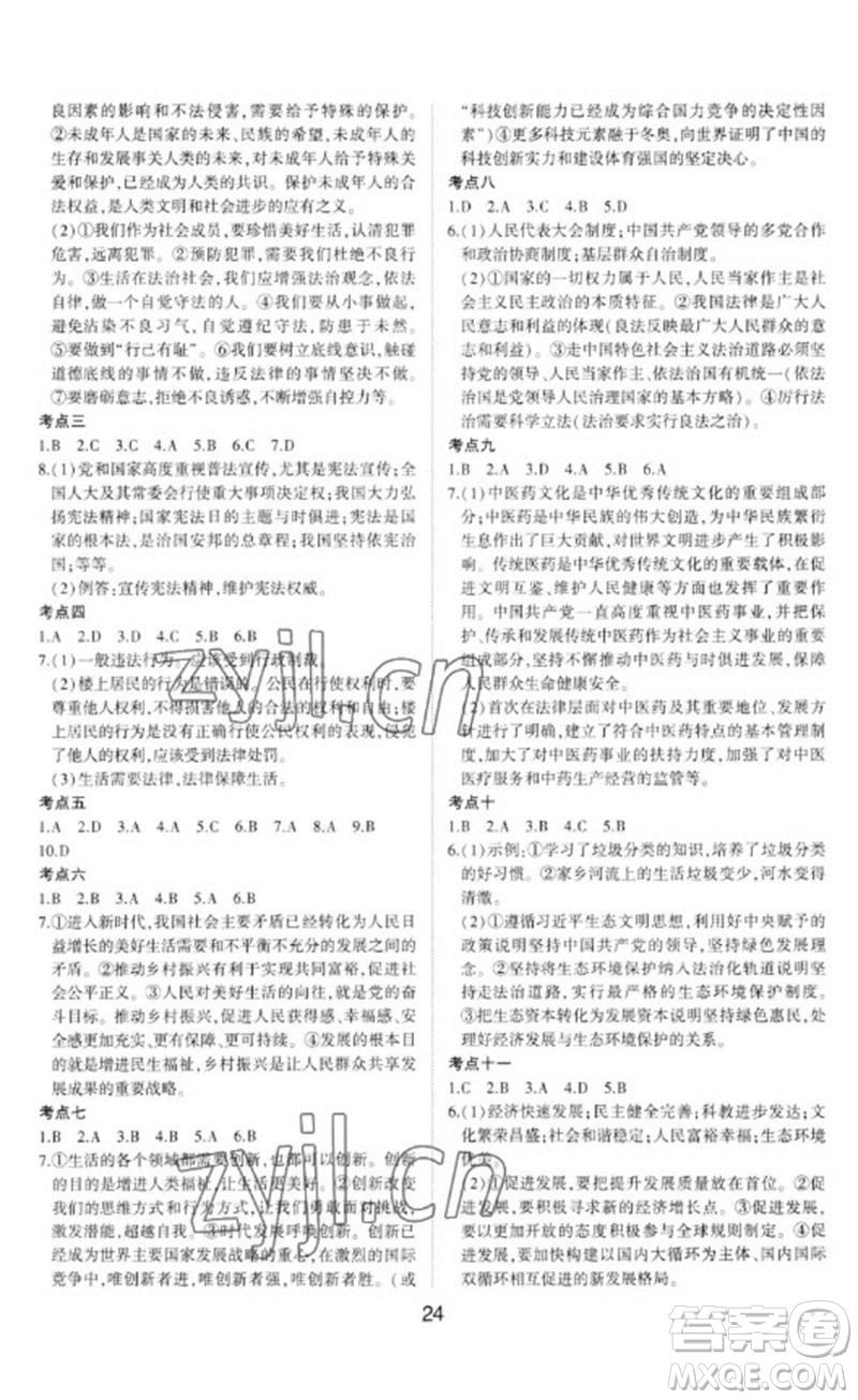 山東科學(xué)技術(shù)出版社2023初中總復(fù)習(xí)手冊九年級道德與法治通用版參考答案