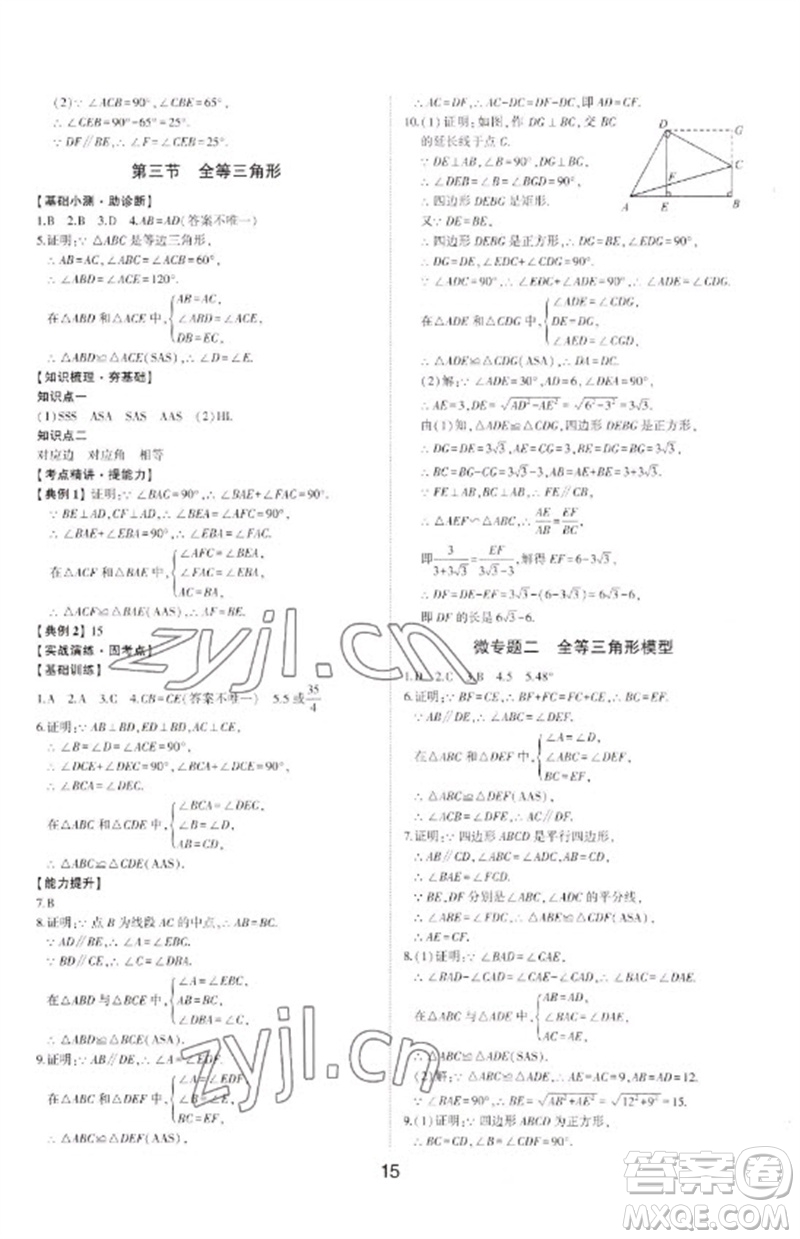 山東科學技術出版社2023初中總復習手冊九年級數學通用版參考答案
