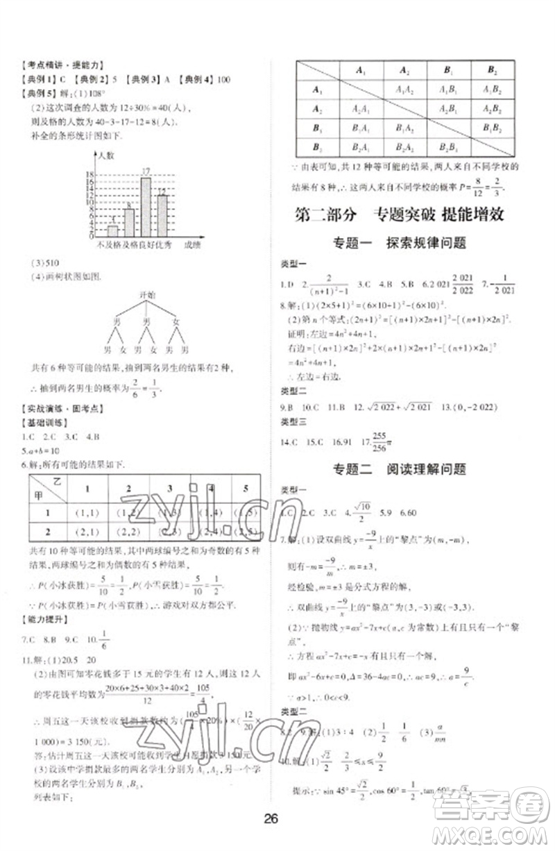 山東科學技術出版社2023初中總復習手冊九年級數學通用版參考答案