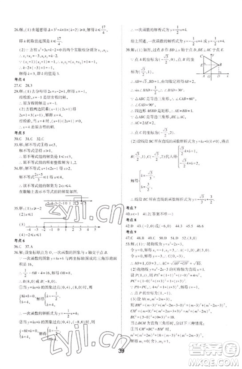 山東科學技術出版社2023初中總復習手冊九年級數學通用版參考答案
