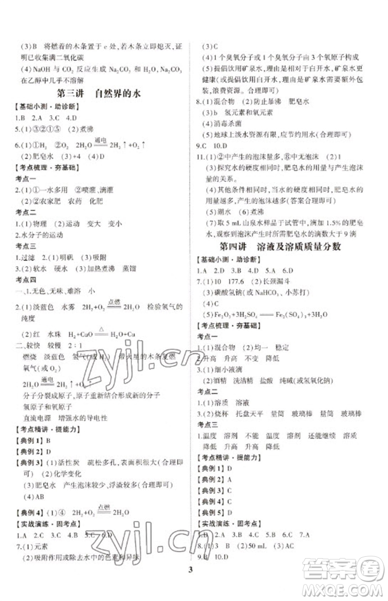 山東科學技術出版社2023初中總復習手冊九年級化學通用版參考答案