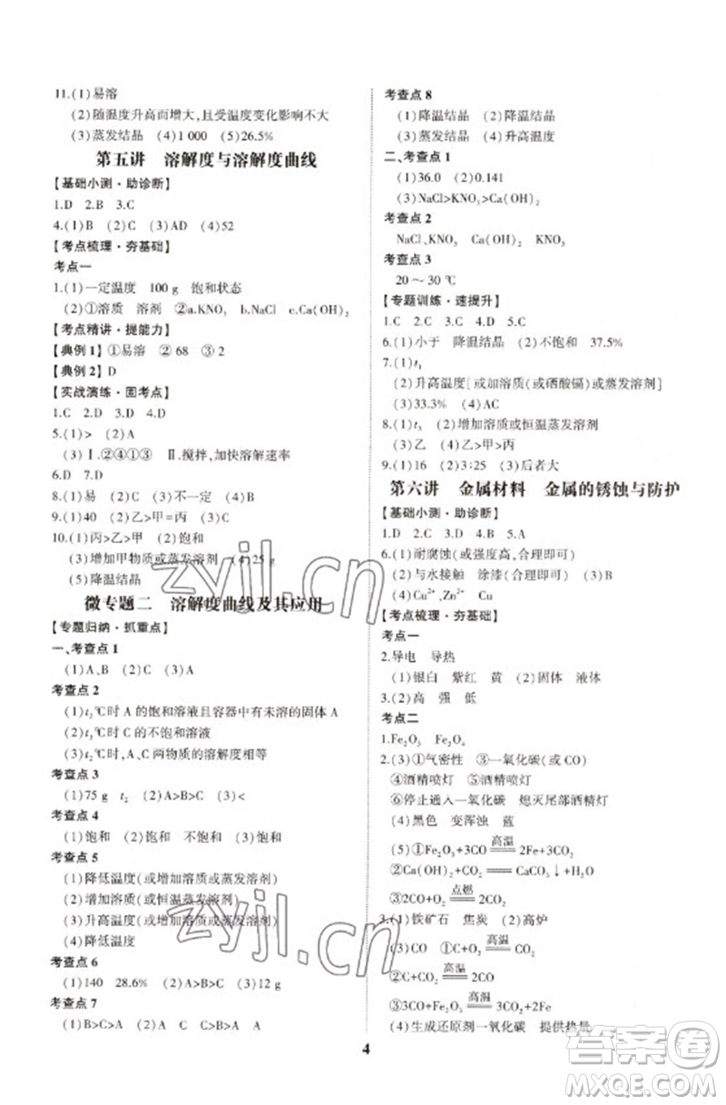 山東科學技術出版社2023初中總復習手冊九年級化學通用版參考答案