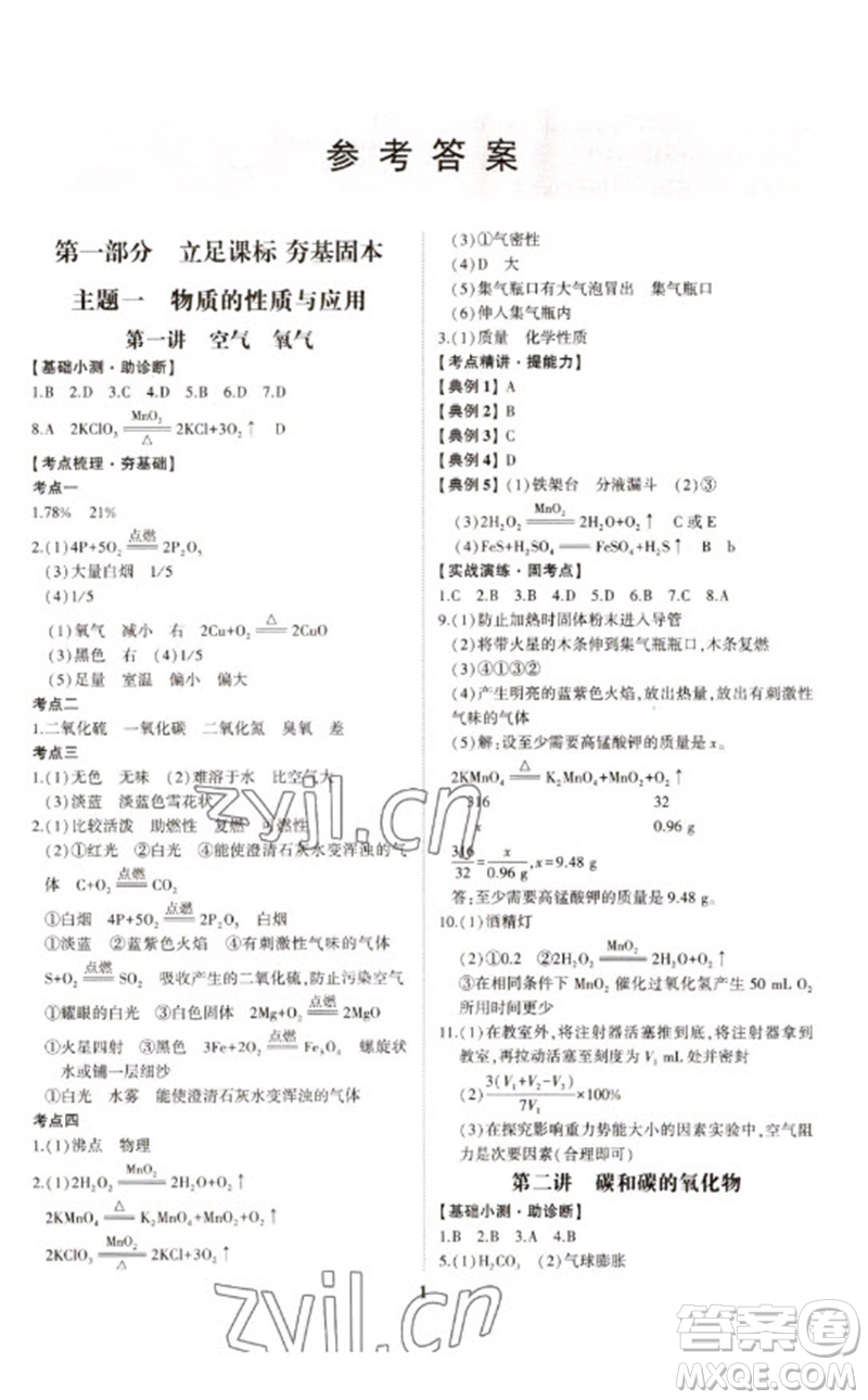 山東科學技術出版社2023初中總復習手冊九年級化學通用版參考答案