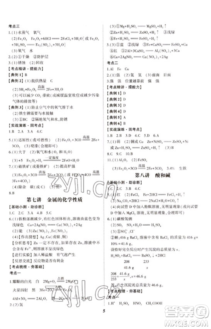 山東科學技術出版社2023初中總復習手冊九年級化學通用版參考答案