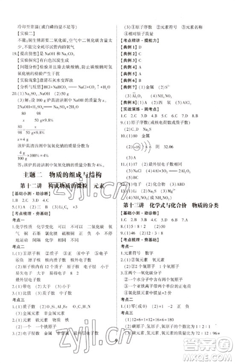 山東科學技術出版社2023初中總復習手冊九年級化學通用版參考答案