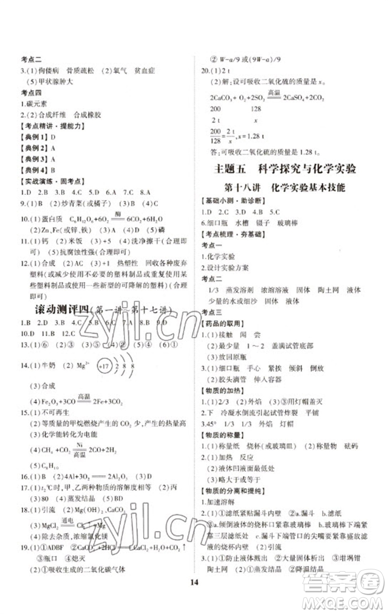 山東科學技術出版社2023初中總復習手冊九年級化學通用版參考答案