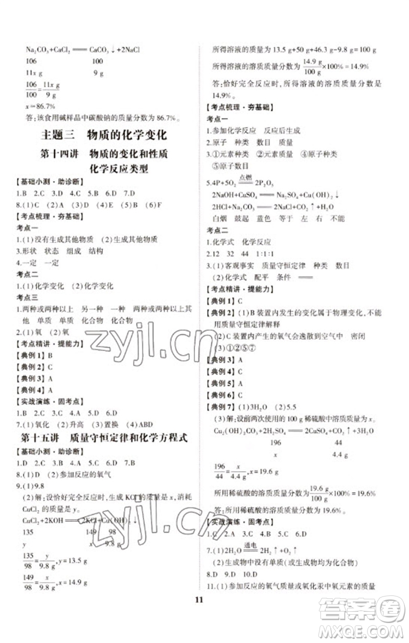 山東科學技術出版社2023初中總復習手冊九年級化學通用版參考答案