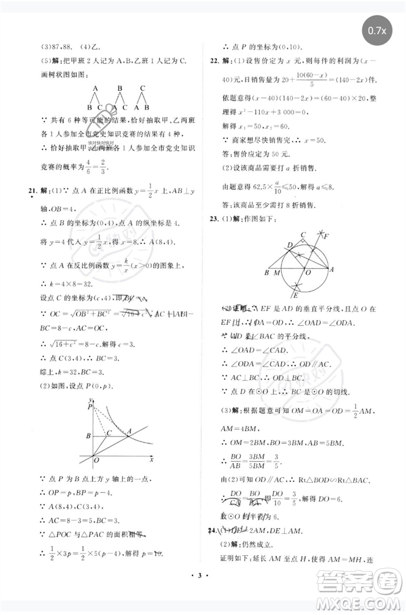 山東教育出版社2023初中總復(fù)習(xí)手冊分層專題卷九年級數(shù)學(xué)五四制通用版煙臺專版參考答案
