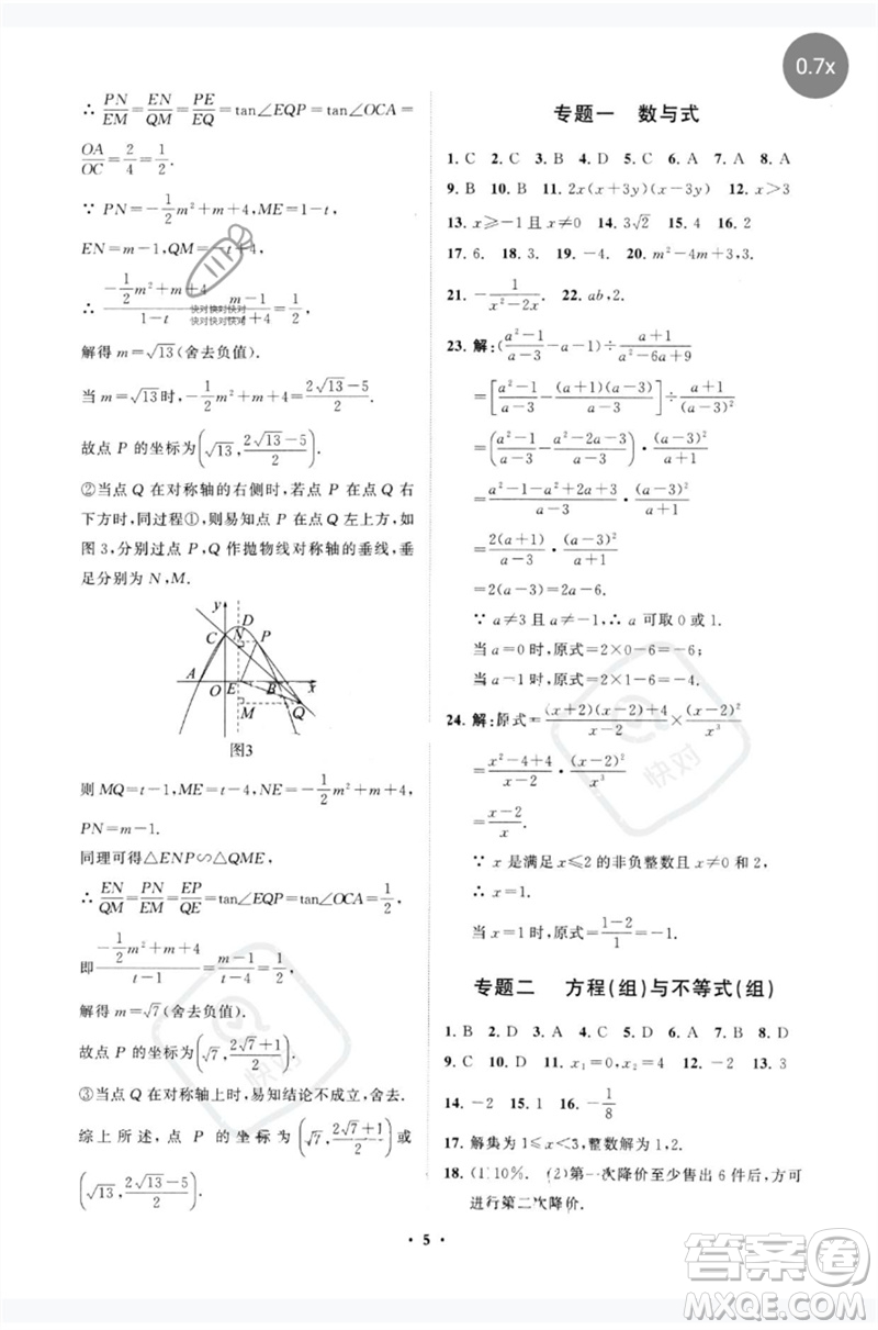 山東教育出版社2023初中總復(fù)習(xí)手冊分層專題卷九年級數(shù)學(xué)五四制通用版煙臺專版參考答案