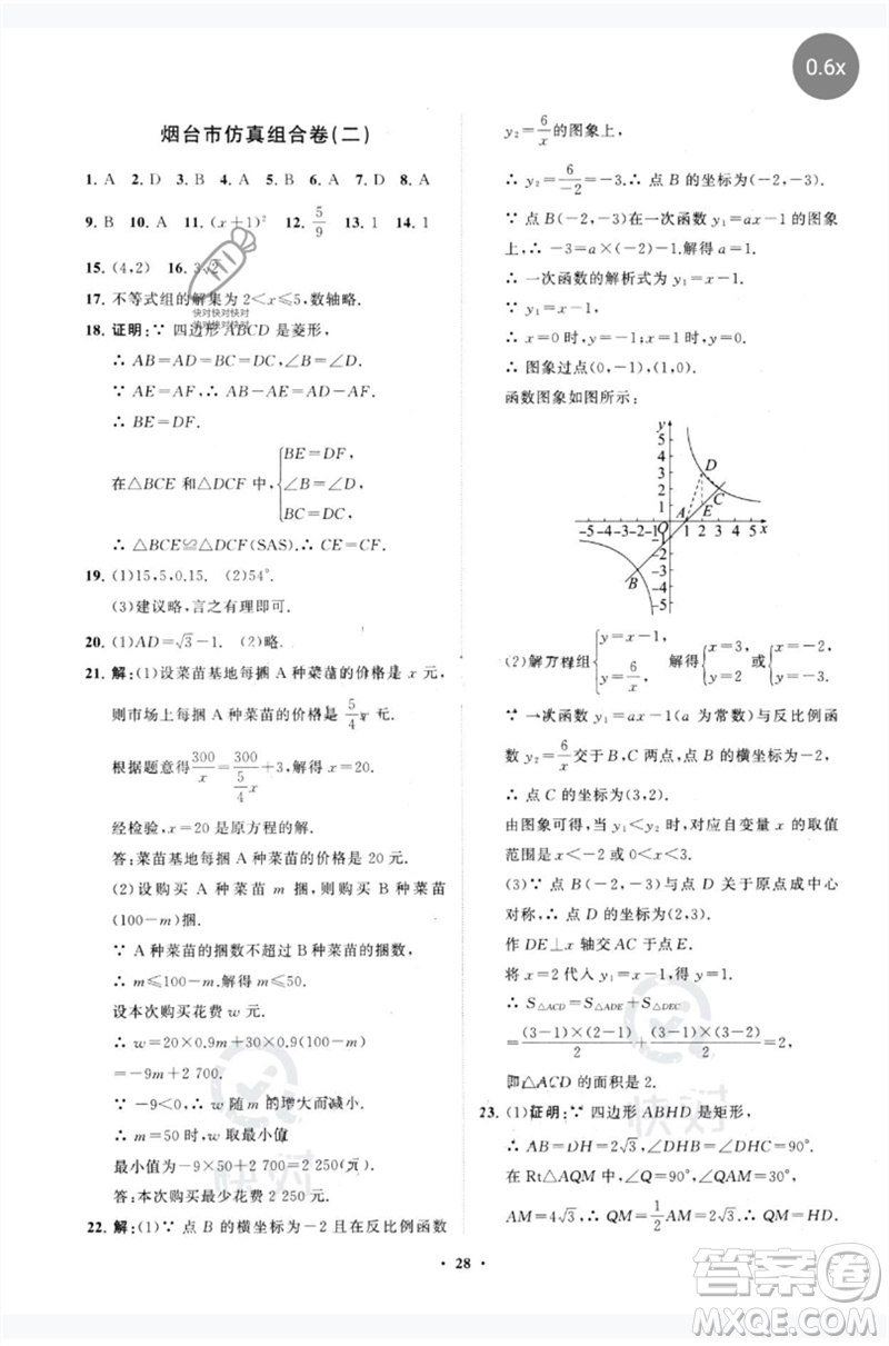 山東教育出版社2023初中總復(fù)習(xí)手冊分層專題卷九年級數(shù)學(xué)五四制通用版煙臺專版參考答案
