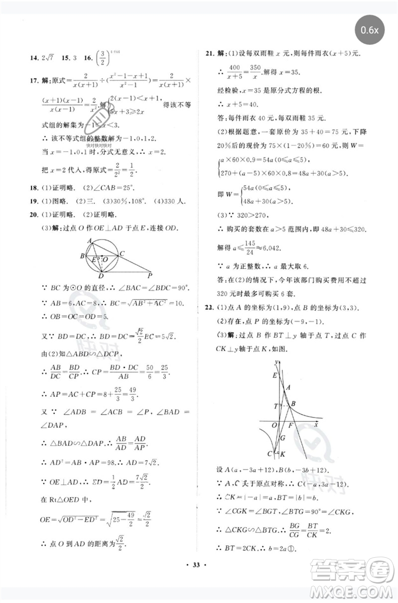 山東教育出版社2023初中總復(fù)習(xí)手冊分層專題卷九年級數(shù)學(xué)五四制通用版煙臺專版參考答案