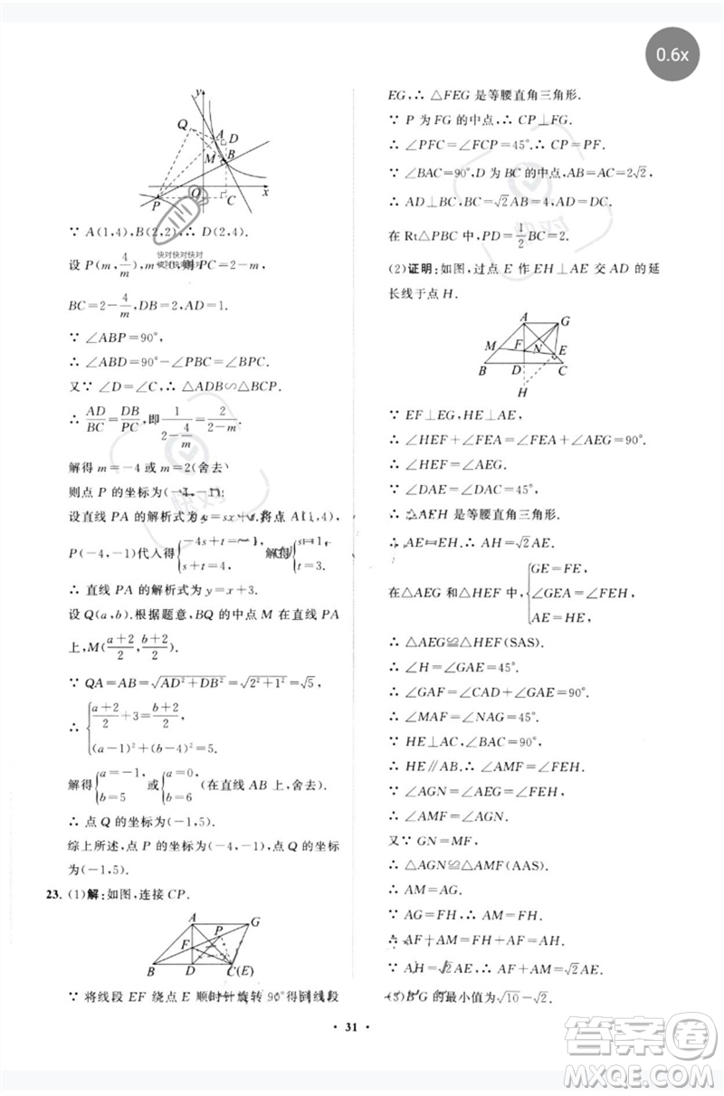 山東教育出版社2023初中總復(fù)習(xí)手冊分層專題卷九年級數(shù)學(xué)五四制通用版煙臺專版參考答案