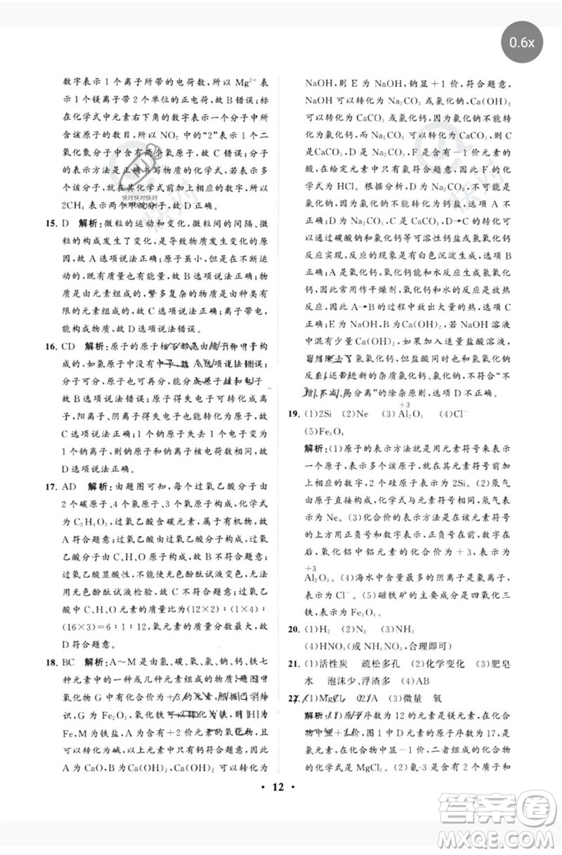 山東教育出版社2023初中總復(fù)習(xí)手冊分層專題卷九年級化學(xué)五四制通用版煙臺專版參考答案