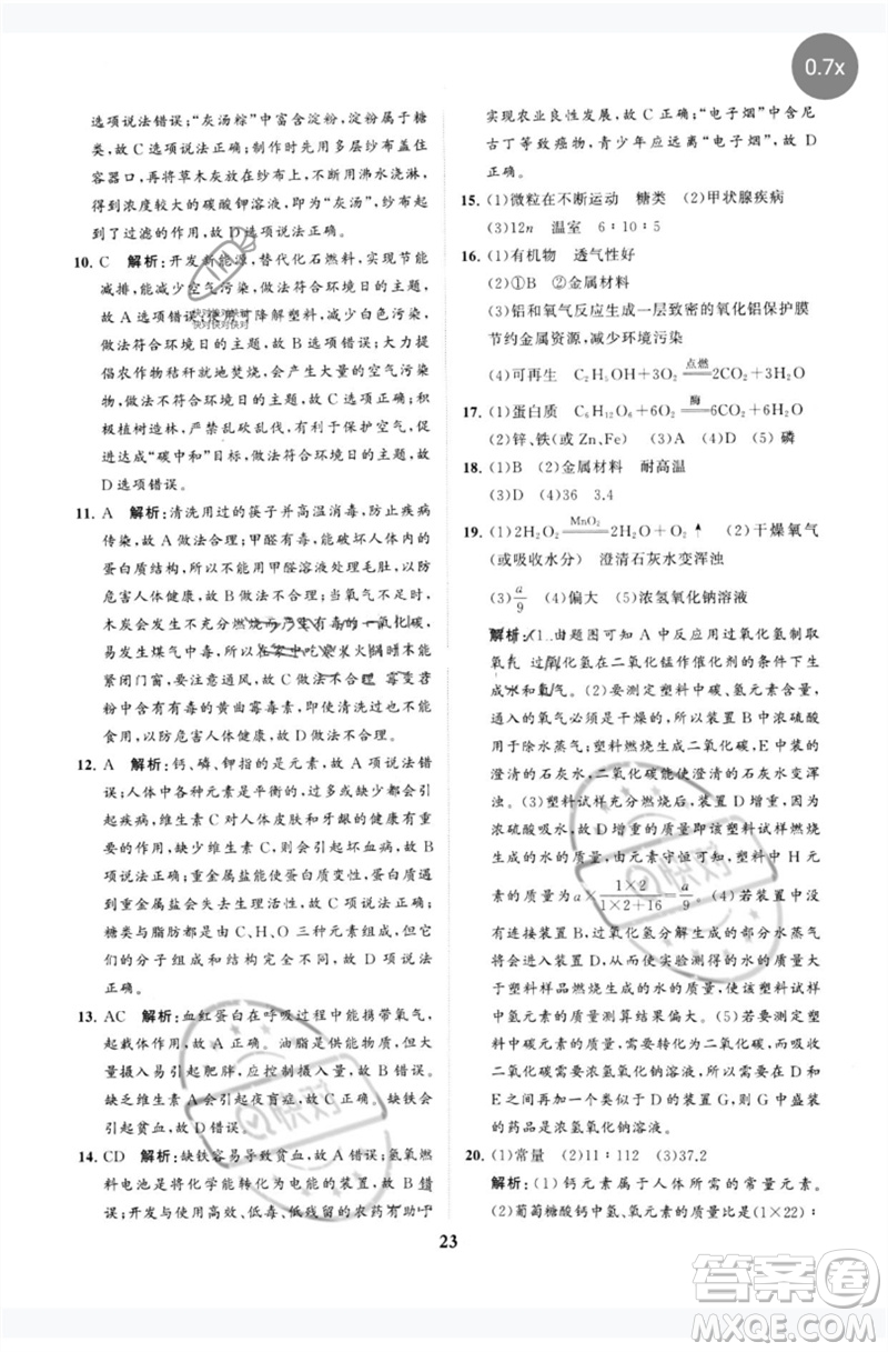 山東教育出版社2023初中總復(fù)習(xí)手冊分層專題卷九年級化學(xué)五四制通用版煙臺專版參考答案