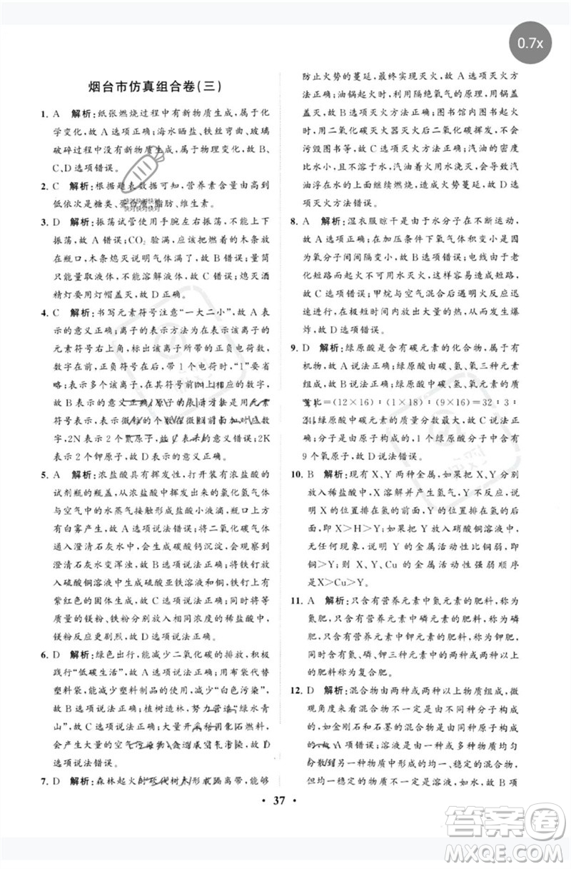 山東教育出版社2023初中總復(fù)習(xí)手冊分層專題卷九年級化學(xué)五四制通用版煙臺專版參考答案