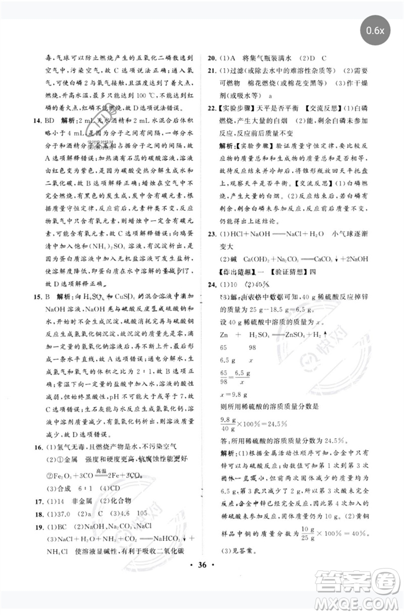 山東教育出版社2023初中總復(fù)習(xí)手冊分層專題卷九年級化學(xué)五四制通用版煙臺專版參考答案