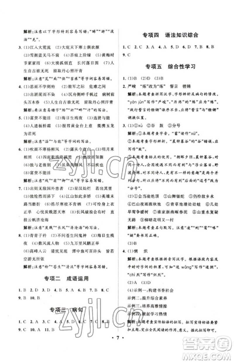 山東教育出版社2023初中總復(fù)習(xí)手冊(cè)分層專題卷九年級(jí)語(yǔ)文五四制通用版煙臺(tái)專版參考答案