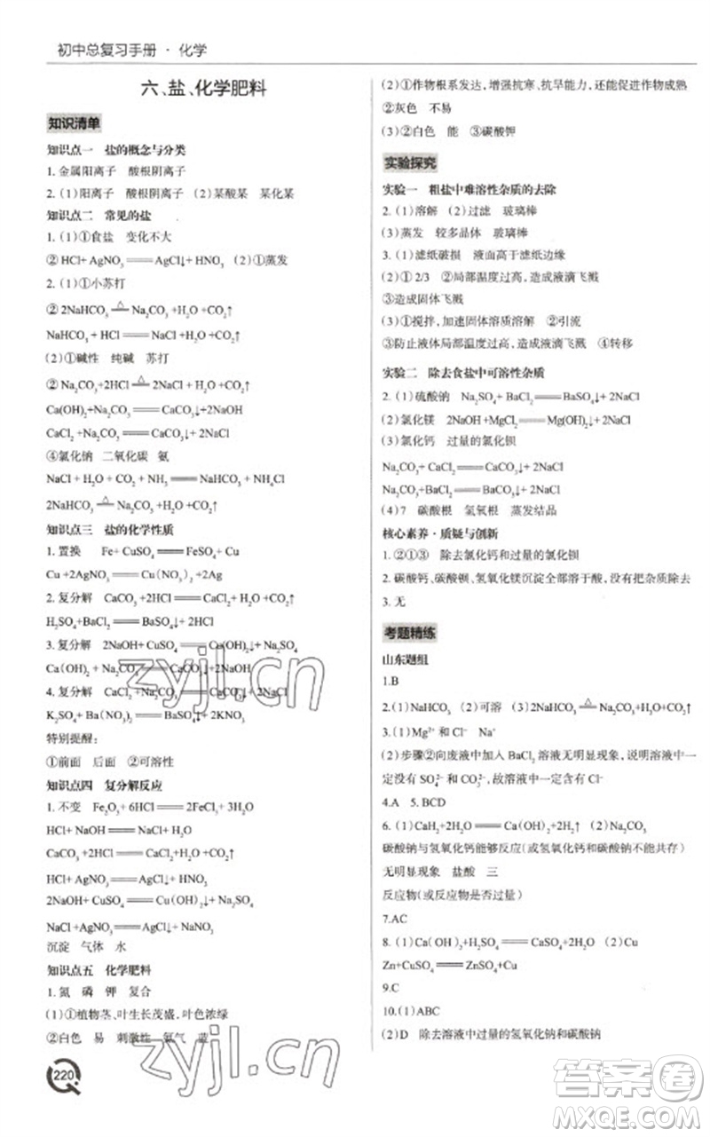 青島出版社2023初中總復習手冊九年級化學通用版參考答案
