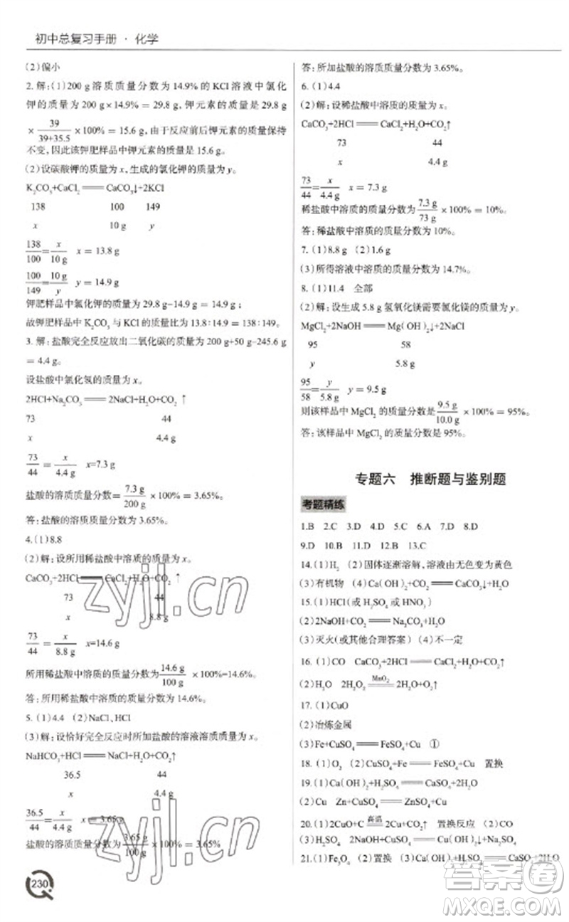 青島出版社2023初中總復習手冊九年級化學通用版參考答案