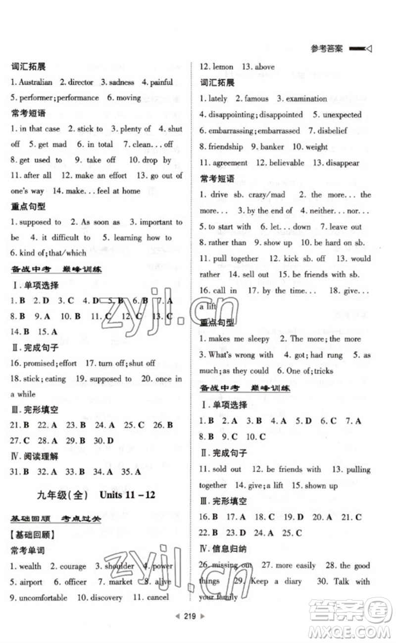 新世紀(jì)出版社2023初中總復(fù)習(xí)手冊(cè)九年級(jí)英語通用版參考答案