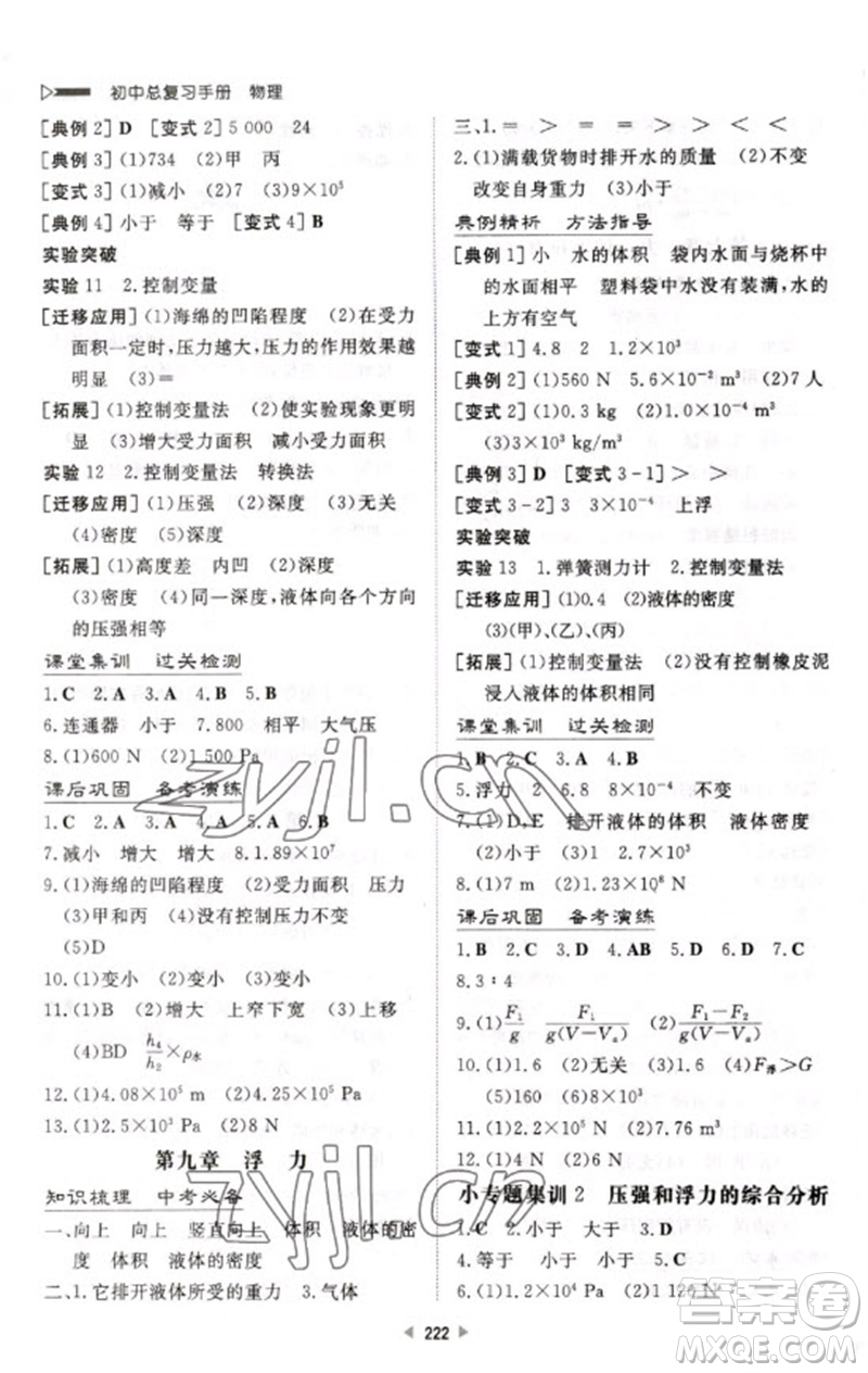 新世紀(jì)出版社2023初中總復(fù)習(xí)手冊(cè)九年級(jí)物理通用版參考答案