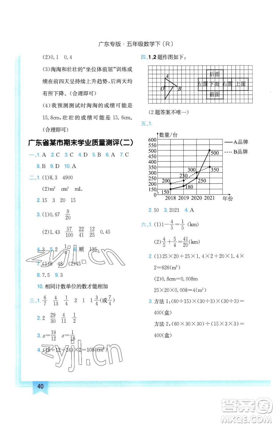 龍門書局2023黃岡小狀元作業(yè)本五年級下冊數學人教版廣東專版參考答案