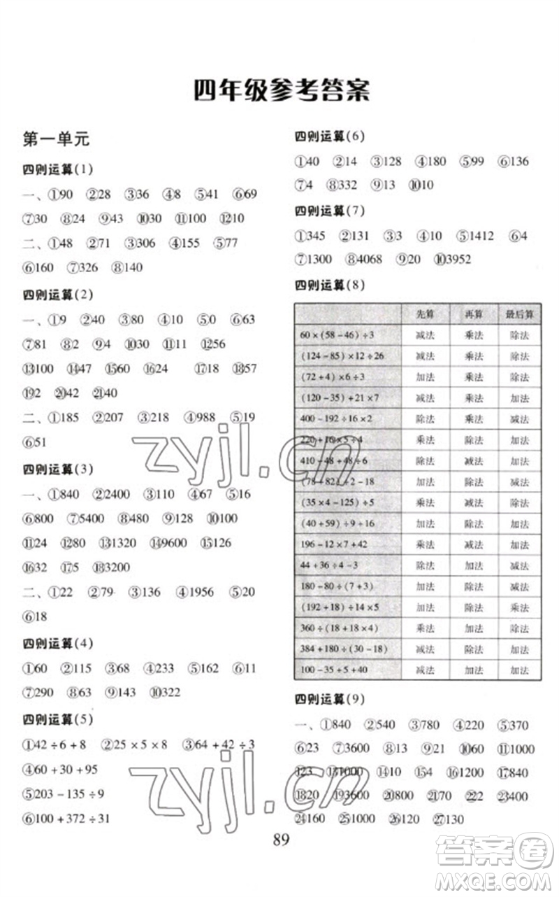 云南美術(shù)出版社2023每日10分鐘口算心算速算天天練四年級數(shù)學(xué)下冊人教版參考答案